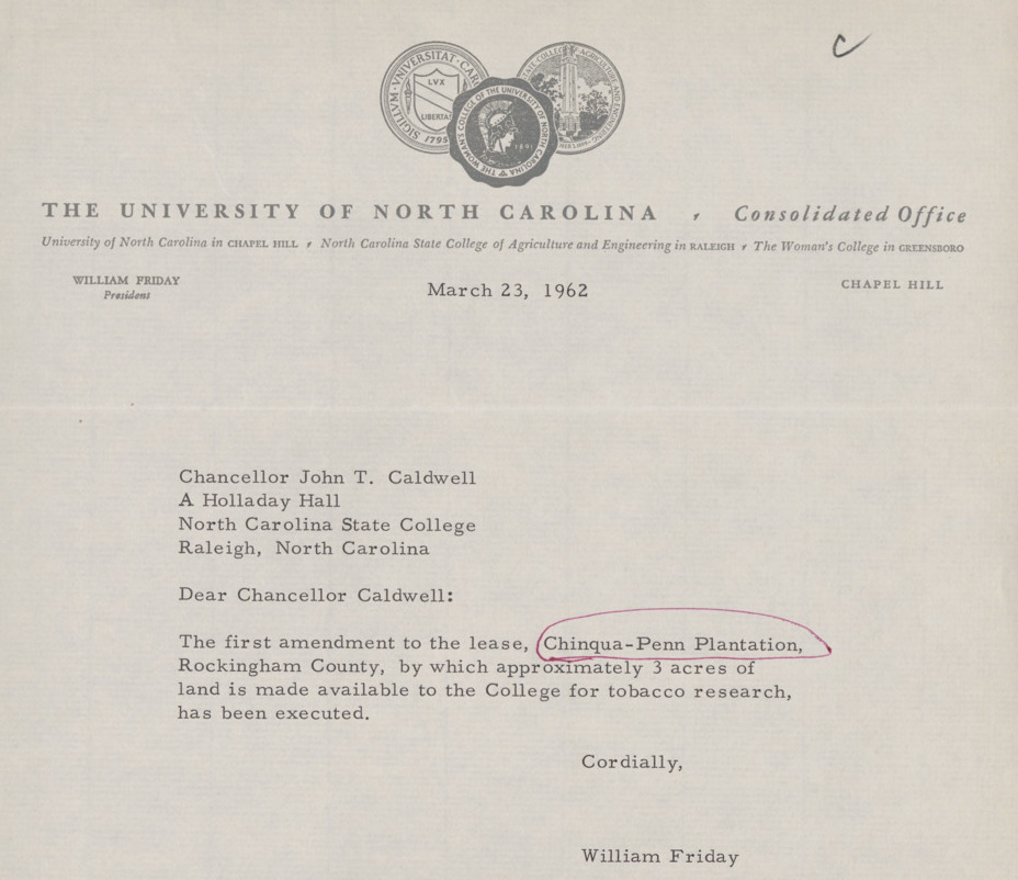 Letter from UNC System President William Friday to Chancellor John T. Caldwell, 1962.