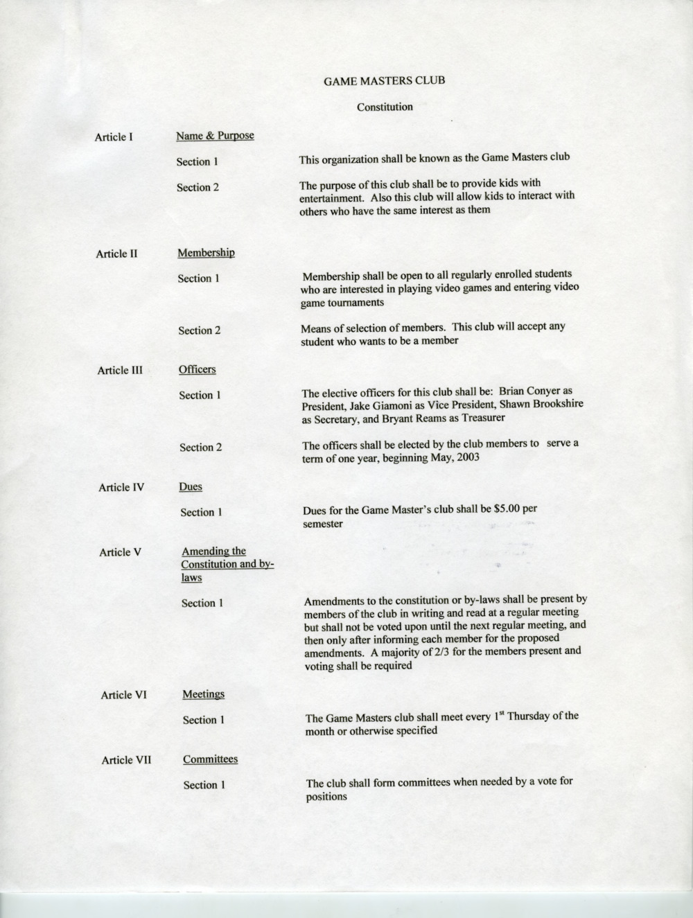Game Master's Club constitution, 2003.