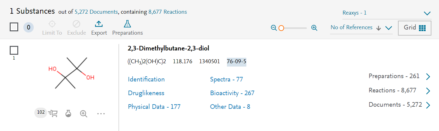 Reaxys search results for 2,3-Dimethylbutane-2,3-diol