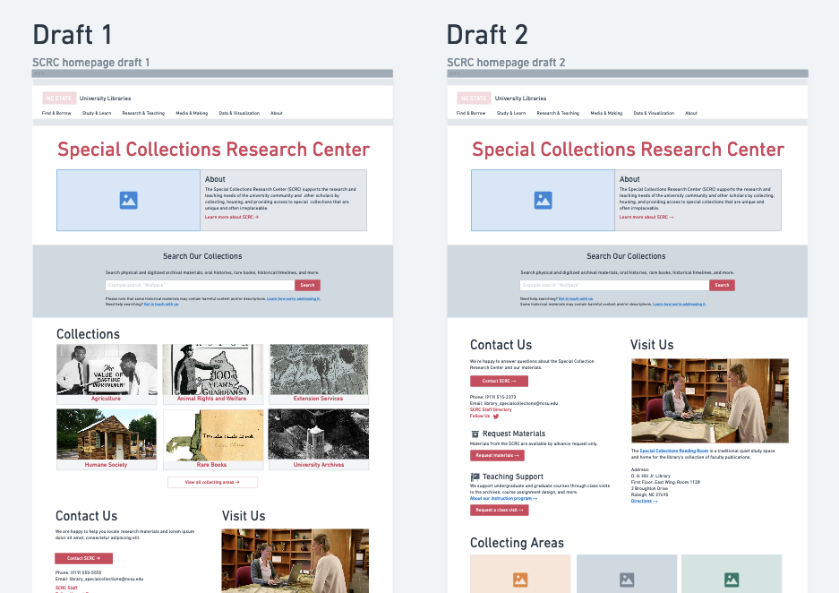 Drafts 1 and 2 of the homepage, with a large image and About text at the top, followed by a big search bar, Contact Us section, Visit Us section, and 6 highlighted collections like Agriculture