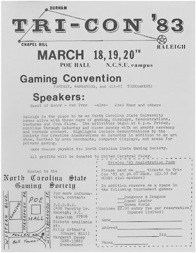Posters promoting gaming conventions on campus, such as the 1983 Tri-Con hosted by the NC State Gaming Society (North Carolina State University, Student and Other Organizations, Single Folder Organizations Records 1904-2013, Legalbox 6, Folder 24).