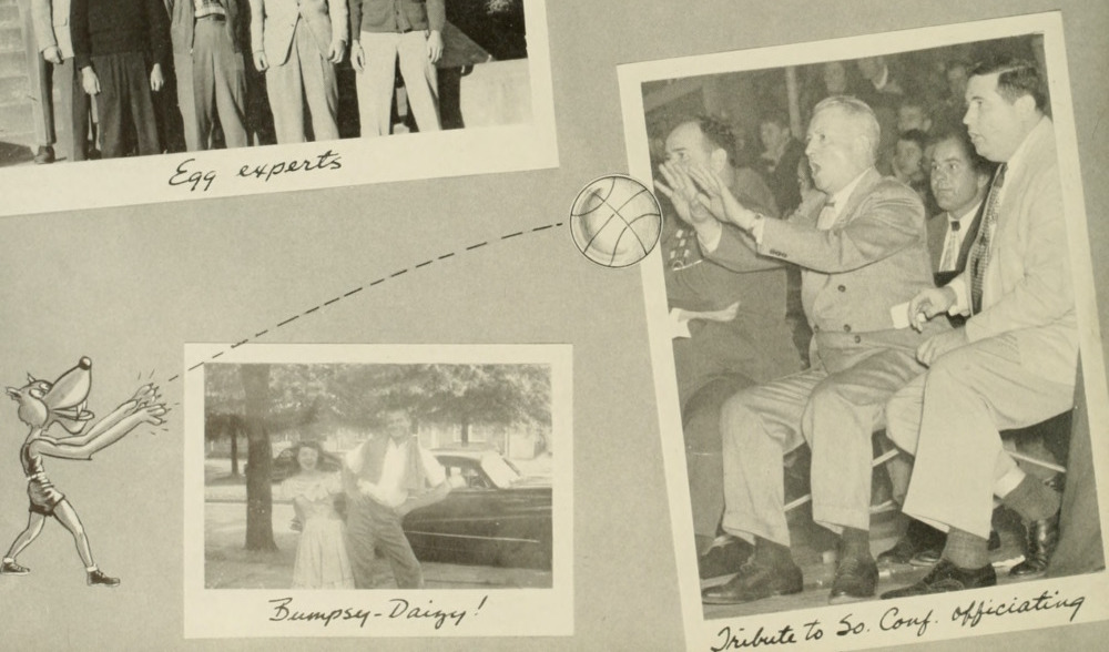 Wolf playing basketball on the pages of the 1950 Agromeck.