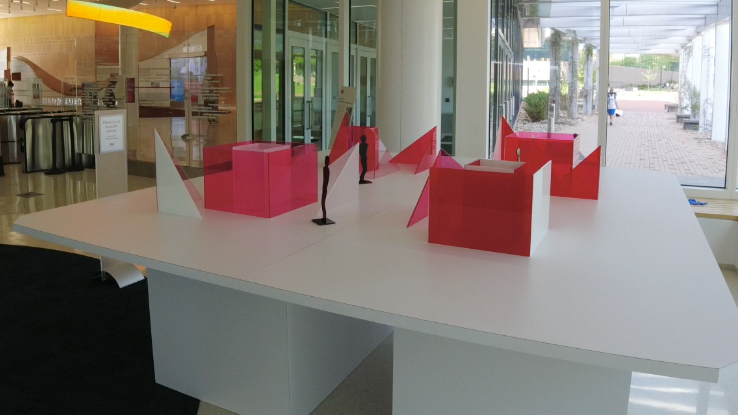 A model of Larry Bell’s forthcoming sculptural work is on display in the Hunt Library