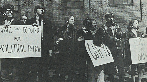 Black and white photos of group rallying with signs