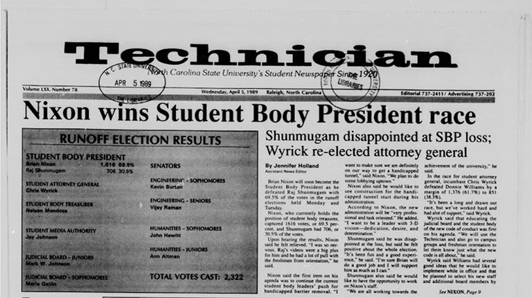 Technician newspaper headline stating, 'Nixon wins Student Body President'