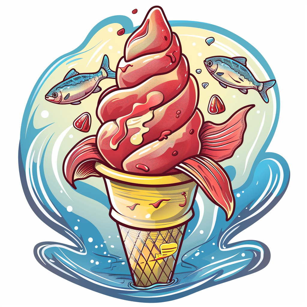 a cartoonish image of reddish-pink soft serve ice cream in a cake cone, with fins coming out of the cone and jumping fish and an ocean in the background.