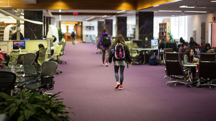 Panning shot of space in Hill Library.