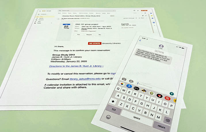 Printed-out prototype of an email in Gmail and a text message on an iPhone