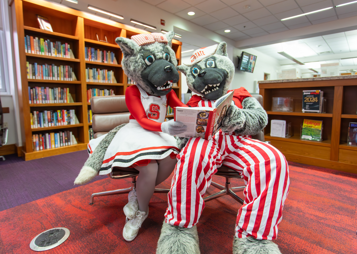 Mr. Wuf and Ms. Wuf reading a book.