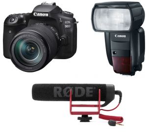 DSLR camera, flash unit, and shotgun microphone.