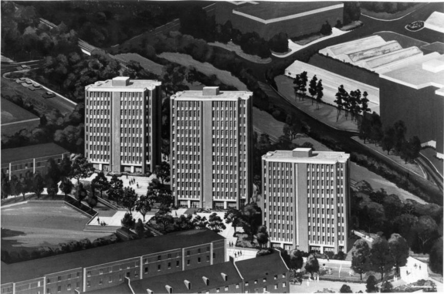 Architectural rendering of (l to r) Bowen, Metcalf, and Carroll Halls, all dedicated in Oct. 1969.