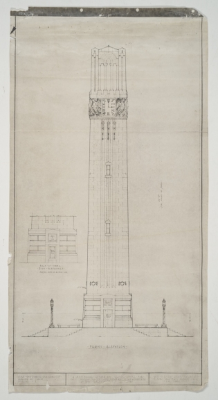 An undated drawing of the Memorial Bell Tower from the Office of the University Architect Records, Flatfolder 638