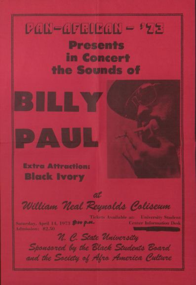 Flyer for the 3rd annual Pan-Afrikan Festival featuring Billy Paul in 1973, from the Society of Afro-American Culture Records (UA021.513), half box 5, folder 1