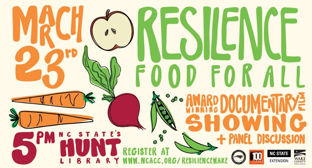 Announcement for "Resilience: Food for All" film screening on March 23.