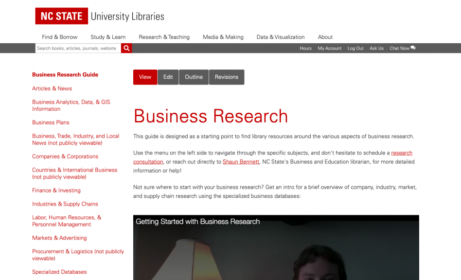 an image of the Libraries Business Research web page