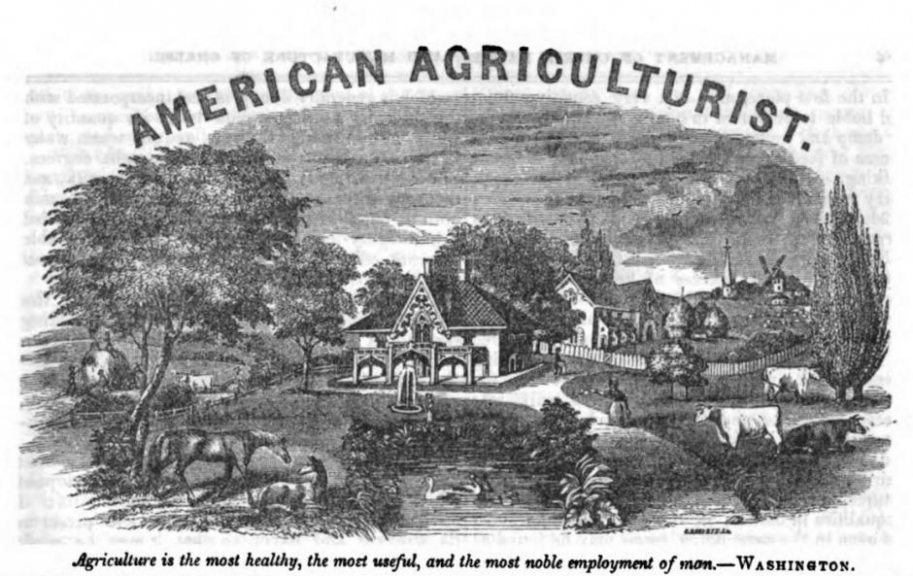 Masthead of the American Agriculturalist, 1848, an American periodical for farm men and women.