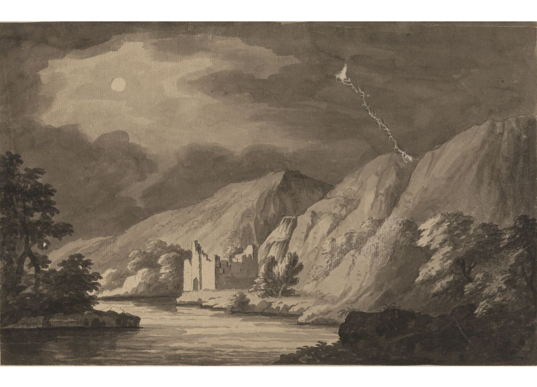 An pen and wash illustration of a mountainous landscape. A river flows through the foreground and background, cutting through wooded areas and the mountains. A ruined castle with no roof takes center-left of the frame. The sky is cloudy and there is a full moon, with a lightning strike coming down from the sky.