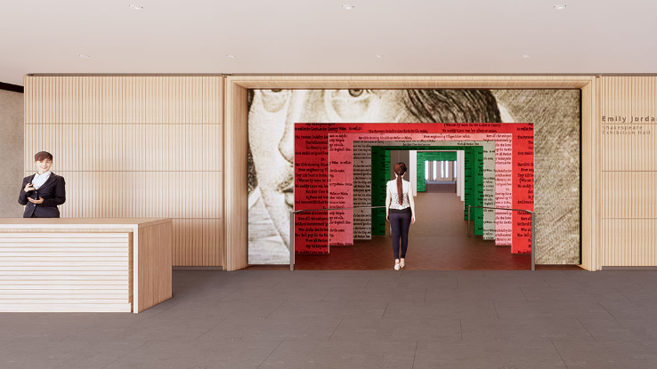 This rendering of West Entrance to the Shakespeare Exhibition Hall is a part of the ongoing renovation of the Folger Shakespeare Library in Washington D.C.
