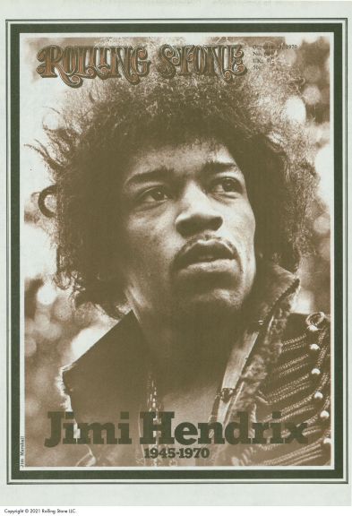 A Rolling Stone Magazine cover with a photo of Jimi Hendrix in sepia tone. He is looking up and away from the camera, and his name and his birth and death years, 1945-1970, are at the bottom of the page in bold font. .