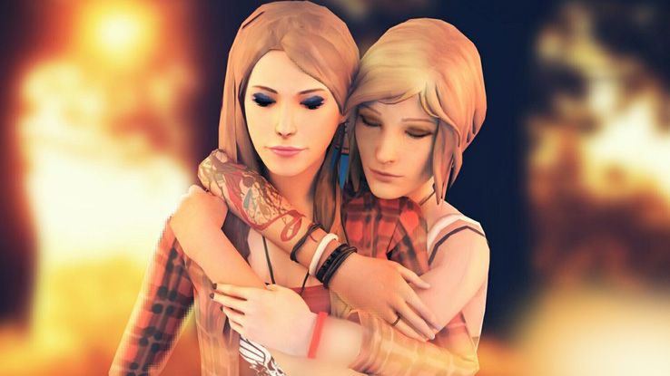 Two women hug in a video game.