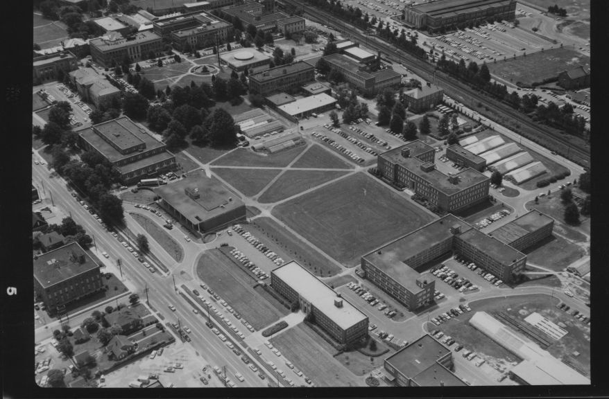 1958 image of Central Campus: quadrangle approximately bounded by library, Polk Hall, Scott Hall, and Gardner