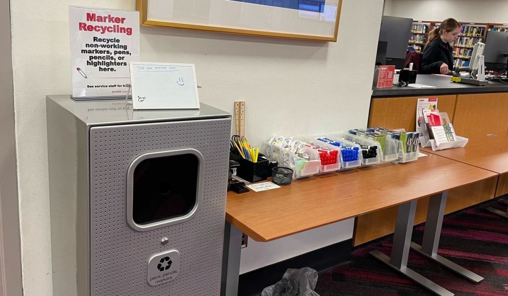 A dry-erase marker recycling bin at the Libraries.