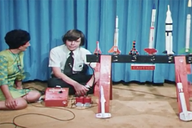 14-year-old Randy Killebrew with his model rockets 