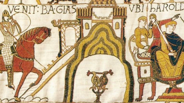 This tapestry illustrates Duke William's arrival at Bayeux