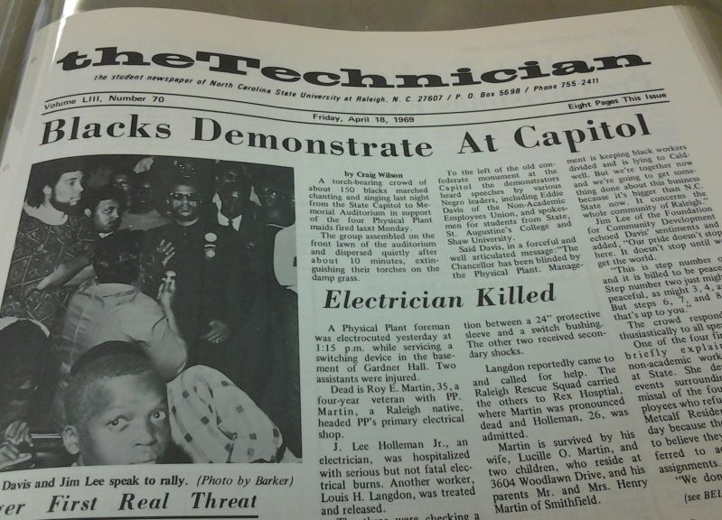 The Technician student newspaper covered protests supporting African American facilities employees during the spring of 1969.