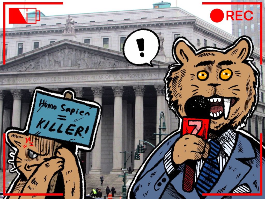 Still illustration of news footage showing an animal reporter and protestor for the Whodunit series