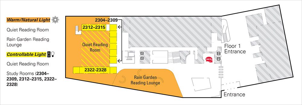 Map of Hunt Library, with natural light indicated in an orange color and adjustable light indicated in a yellow color. The Rain Garden Reading Lounge gets the most natural light.