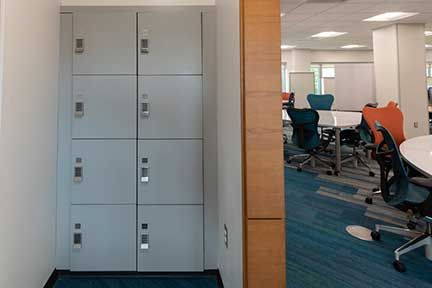 Small lockers in cubby near entrance to South Learning Lab