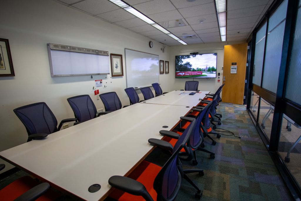 View of conference room A103 in the Veterinary Medicine Library. Shows view of door and monitor near entrance.