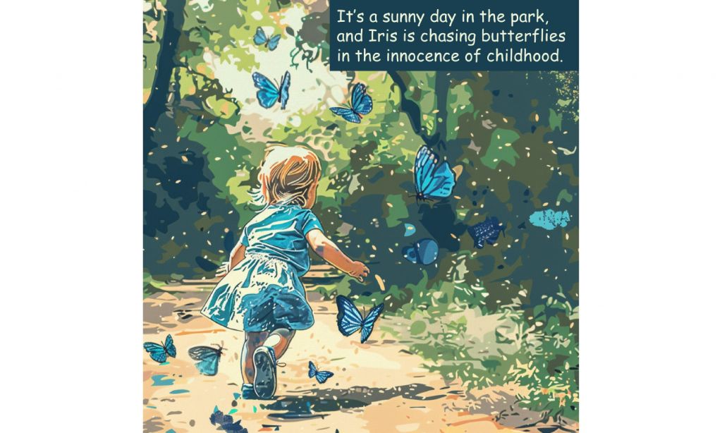 AI generated image of a child following blue butterflies into a forest.