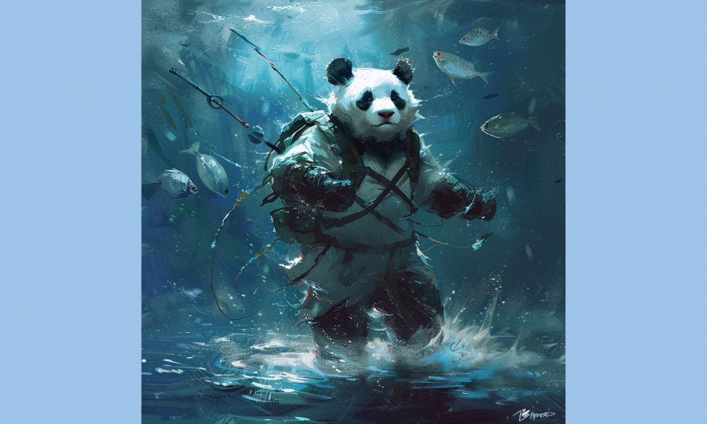 AI generated image of a panda standing underwater.