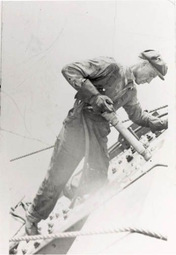 Joseph Jocks (Mohawk, Kahnawake) riveting at the San Francisco Bay Bridge, ca. 1930s.