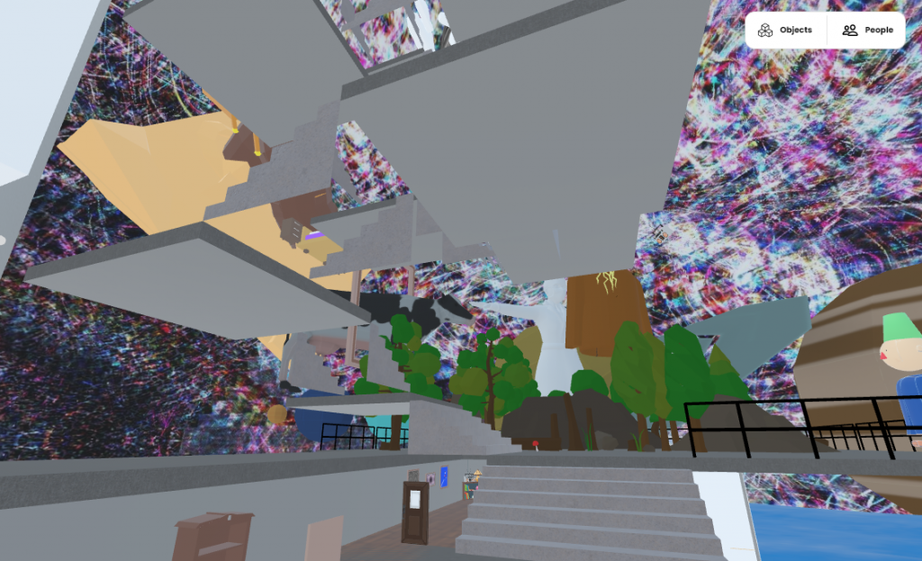 Platforms, rooms, a staircase, and trees in a virtual space