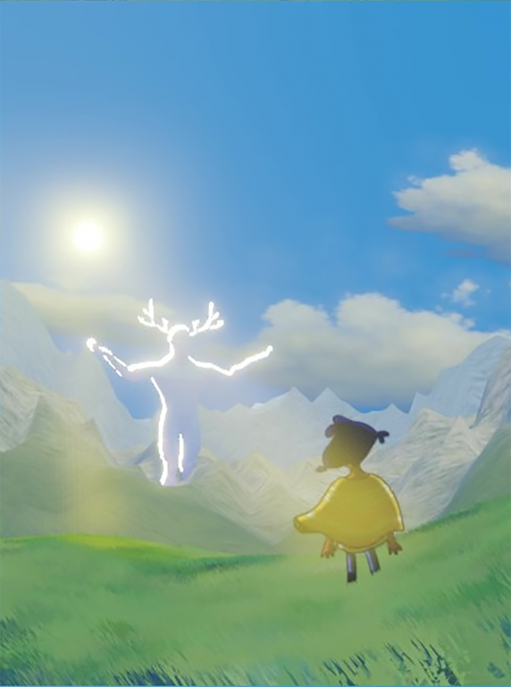 A small person in a yellow shawl stands facing the hills where a white giant with antlers stands with their arms up and the sun behind them.