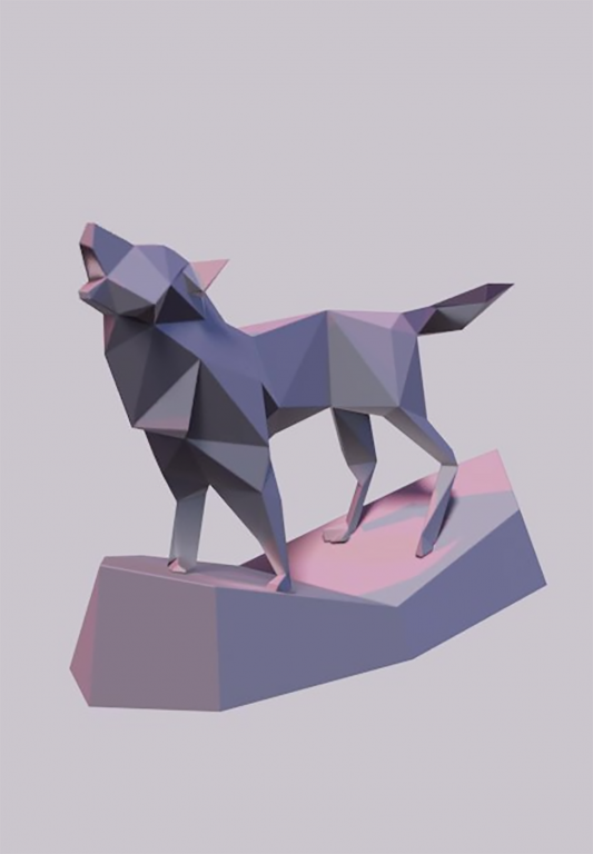 3D rending of a wolf statue in low poly resolution