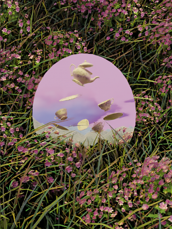 A mirror sits pointing upward in a field of green grass and pink flowers. In the mirror is a white porcelain tea set floating in air, its pieces off-kilter.
