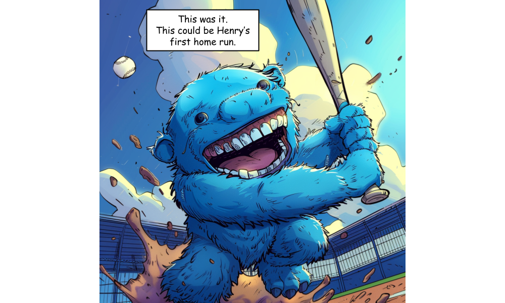 AI generated image of a blue furry monster holding a baseball bat.
