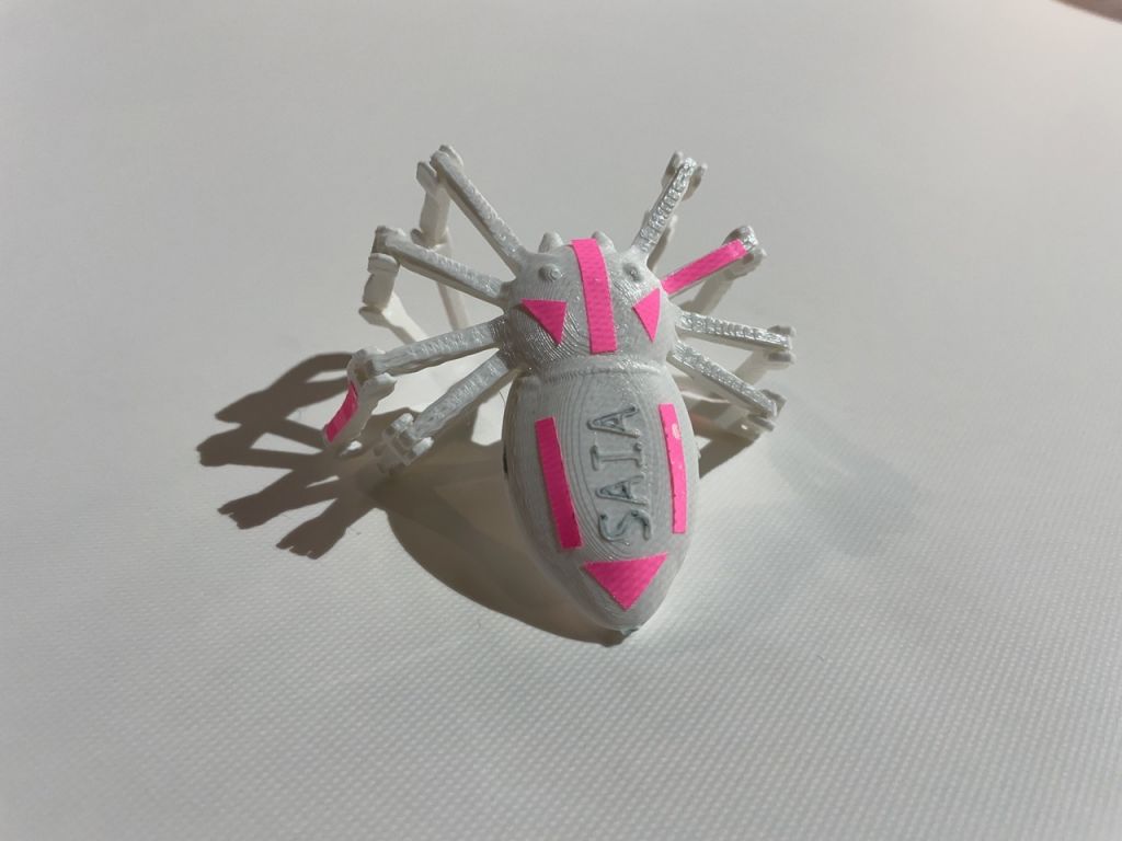 Photo of a 3D printed spider with SAIA written on its back