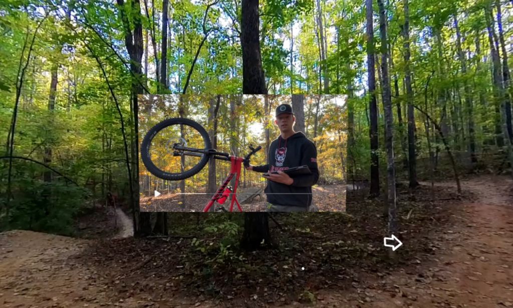 A forest with VR controls and a still of a student holding a bike.