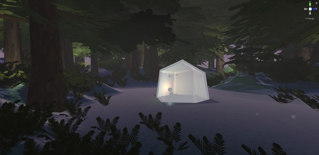 Illustration of a semi-opaque tent in the woods at night lit from within