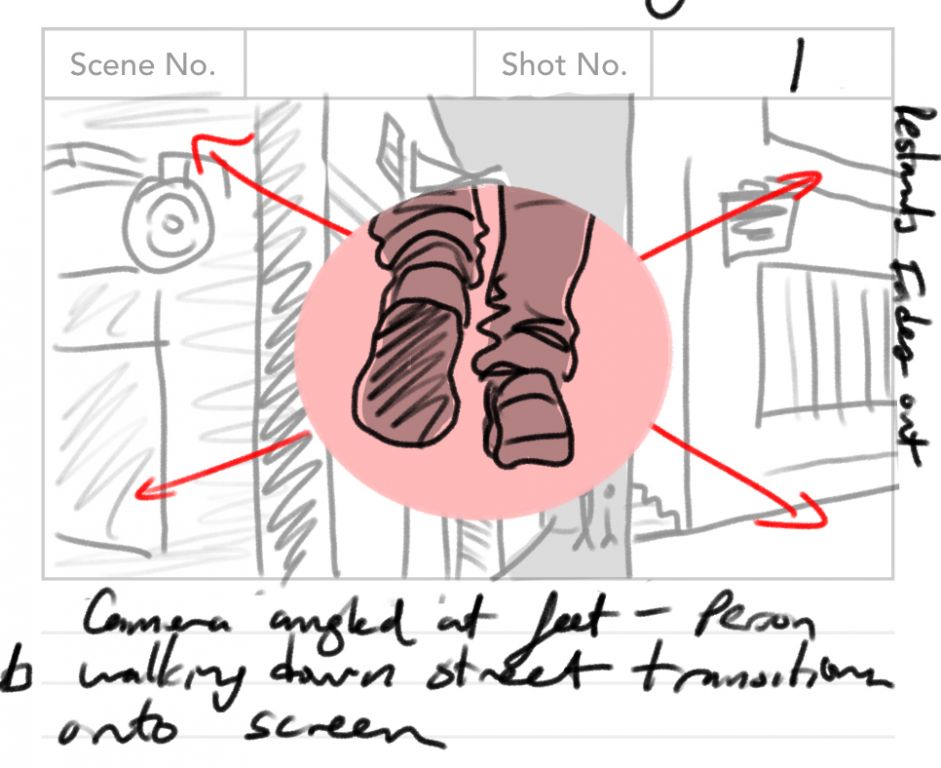 A hand-drawn sketch shows a student team's plan for one shot of their video on Hillsborough Street, which focuses on a student's feet as she walks down the street.