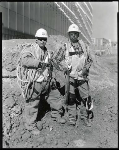 Two workers at the Hunt Library construction site