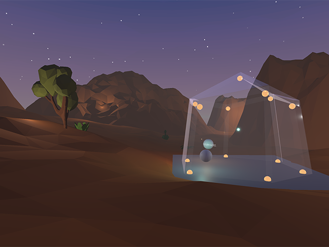 Illustration of mountains and a semi-opaque tent at dusk