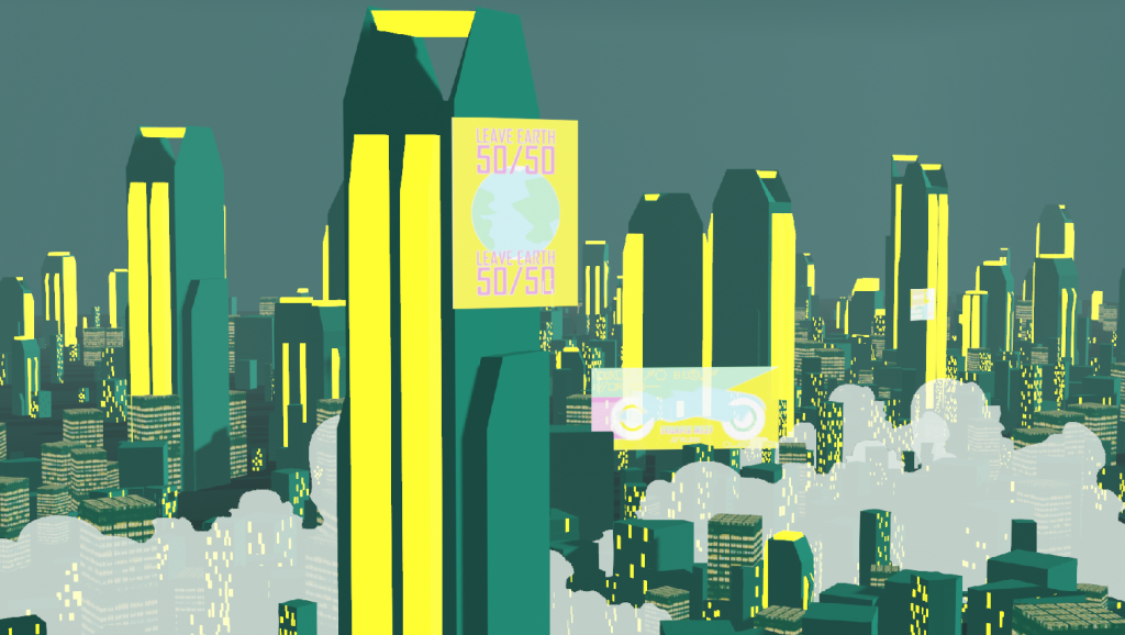 Illustration of a city with yellow and green buildings. The closest building has a poster that says 