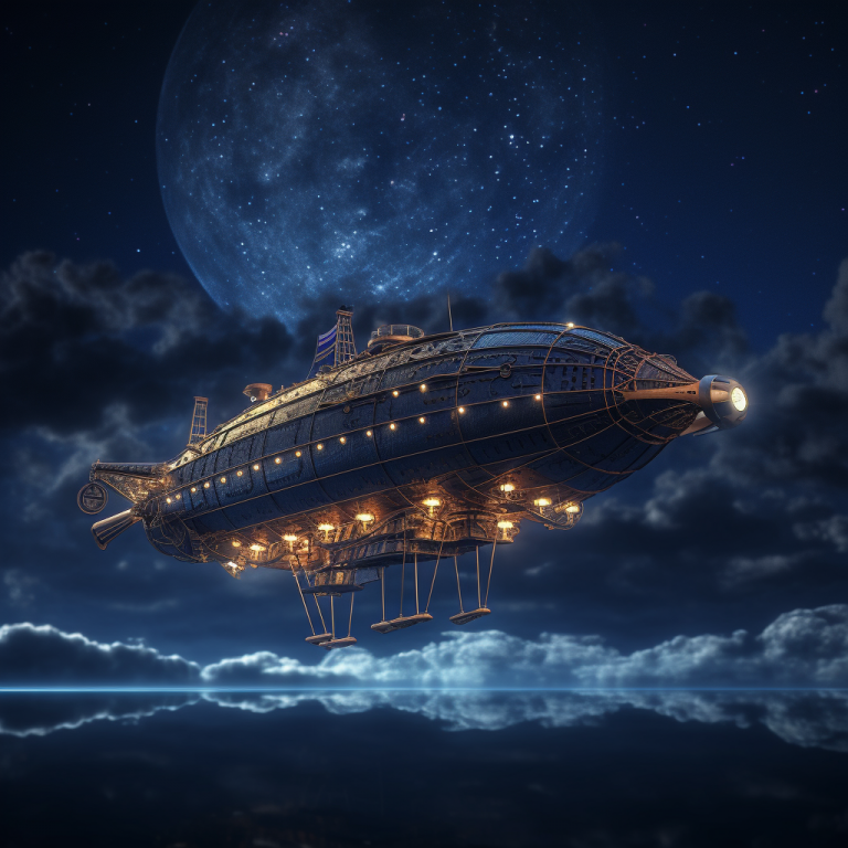 AI generated image of a blimp-like space ship floating in the night sky with a large moon and clouds behind it
