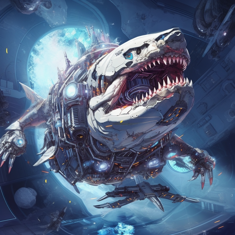 AI generated image of a cyborg megalodon in space